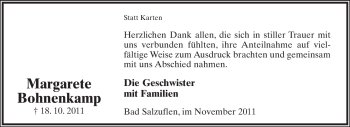 Anzeige  Margarete Bohnenkamp  Lippische Landes-Zeitung
