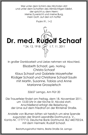 Anzeige  Rudolf Schaaf  Lippische Landes-Zeitung