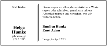 Anzeige  Helga Humke  Lippische Landes-Zeitung