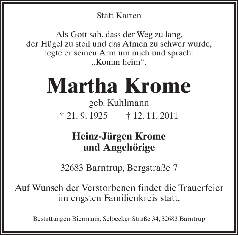  Traueranzeige für Martha Krome vom 14.11.2011 aus Lippische Landes-Zeitung