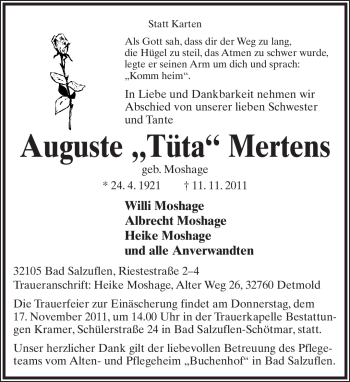 Anzeige  Auguste Mertens  Lippische Landes-Zeitung