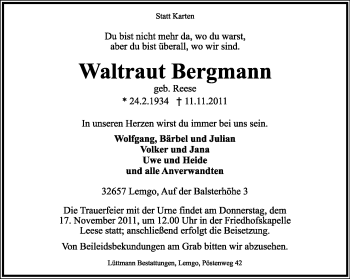Anzeige  Waltraut Bergmann  Lippische Landes-Zeitung