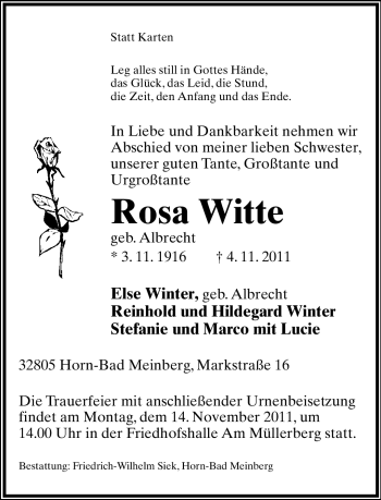 Anzeige  Rosa Witte  Lippische Landes-Zeitung