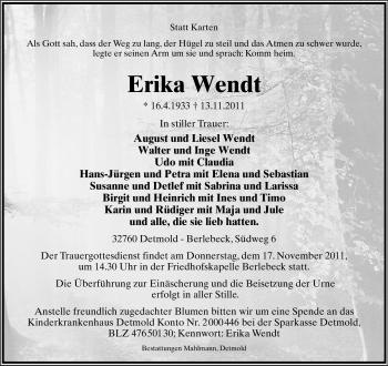 Anzeige  Erika Wendt  Lippische Landes-Zeitung