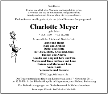 Anzeige  Charlotte Meyer  Lippische Landes-Zeitung