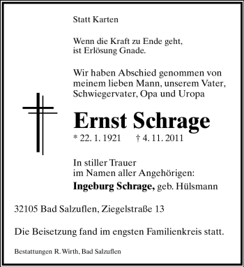 Anzeige  Ernst Schrage  Lippische Landes-Zeitung