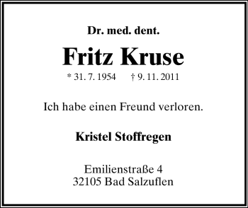 Anzeige  Fritz Kruse  Lippische Landes-Zeitung