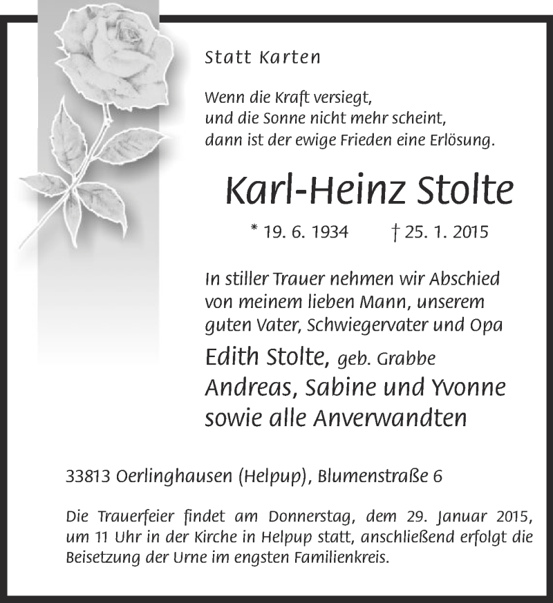  Traueranzeige für Karl-Heinz Stolte vom 27.01.2015 aus Lippische Landes-Zeitung