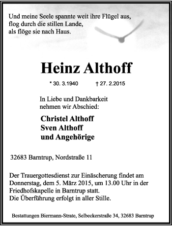 Anzeige  Heinz Althoff  Lippische Landes-Zeitung