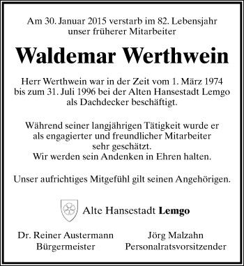 Anzeige  Waldemar Werthwein  Lippische Landes-Zeitung
