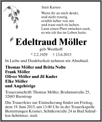 Anzeige  Edeltraud Möller  Lippische Landes-Zeitung