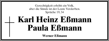 Anzeige  Karl Heinz und Paula Eßmann  Lippische Landes-Zeitung