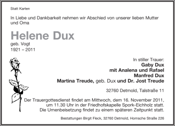 Anzeige  Helen Dux  Lippische Landes-Zeitung