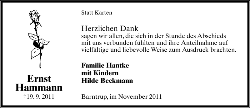  Traueranzeige für Ernst Hammann vom 19.11.2011 aus Lippische Landes-Zeitung