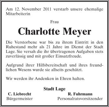 Anzeige  Charlotte Meyer  Lippische Landes-Zeitung