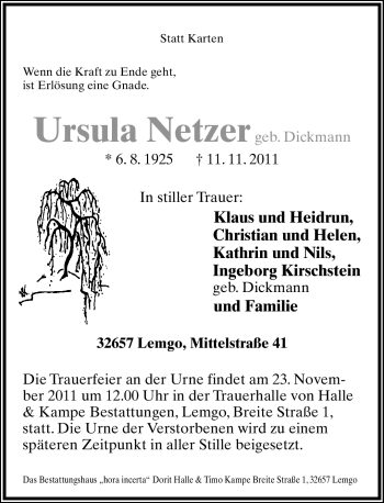 Anzeige  Ursula Netzer  Lippische Landes-Zeitung