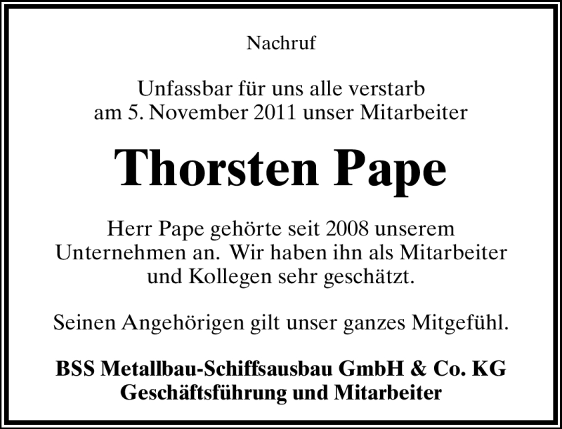  Traueranzeige für Thorsten Pape vom 19.11.2011 aus Lippische Landes-Zeitung