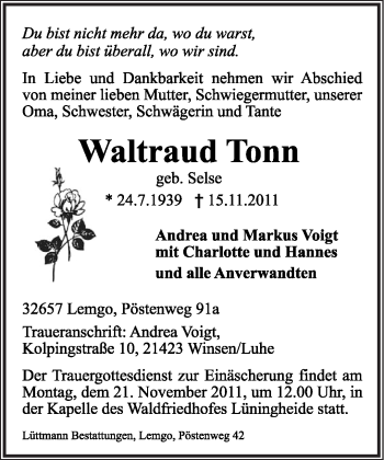 Anzeige  Waltraud Tonn  Lippische Landes-Zeitung