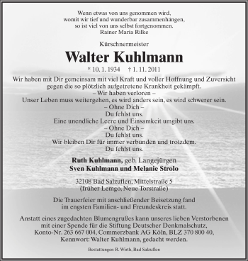 Anzeige  Walter Kuhlmann  Lippische Landes-Zeitung