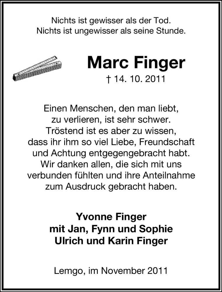  Traueranzeige für Marc Finger vom 19.11.2011 aus Lippische Landes-Zeitung