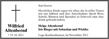 Anzeige  Wilfried Altenbernd  Lippische Landes-Zeitung