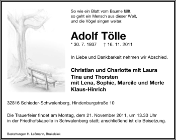 Anzeige  Adolf Tölle  Lippische Landes-Zeitung