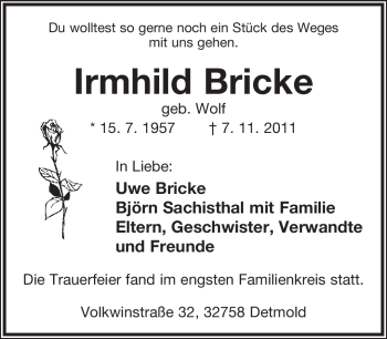 Anzeige  Irmhild Bricke  Lippische Landes-Zeitung