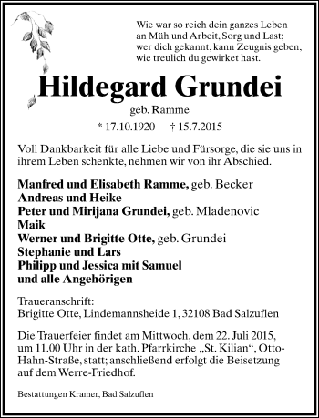 Anzeige  Hildegard Grundei  Lippische Landes-Zeitung