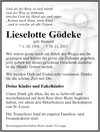 Anzeige  Lieselotte Gödeke  Lippische Landes-Zeitung