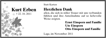 Anzeige  Kurt Erben  Lippische Landes-Zeitung