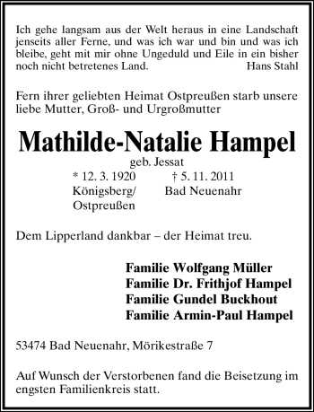 Anzeige  Mathilde-Natalie Hampel  Lippische Landes-Zeitung