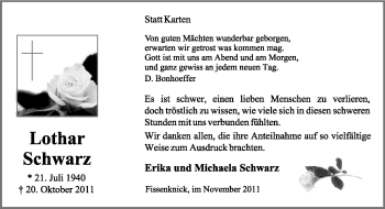 Anzeige  Lothar Schwarz  Lippische Landes-Zeitung