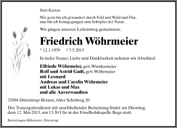 Anzeige  Friedrich Wöhrmeier  Lippische Landes-Zeitung