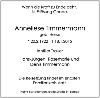 Anzeige  Anneliese Timmermann  Lippische Landes-Zeitung