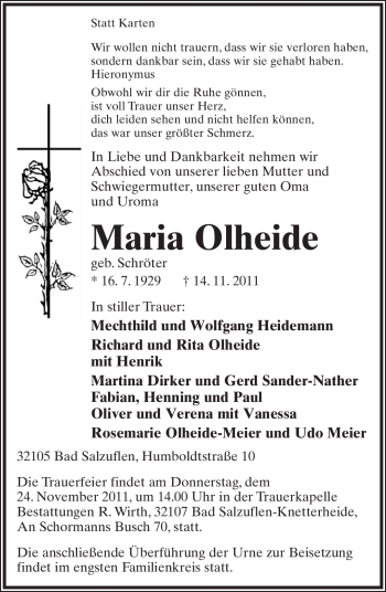Anzeige  Maria Olheide  Lippische Landes-Zeitung