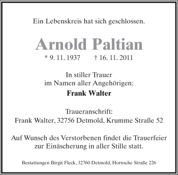 Anzeige  Arnold Paltian  Lippische Landes-Zeitung