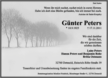 Anzeige  Günter Peters  Lippische Landes-Zeitung