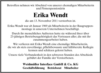 Anzeige  Erika Wendt  Lippische Landes-Zeitung