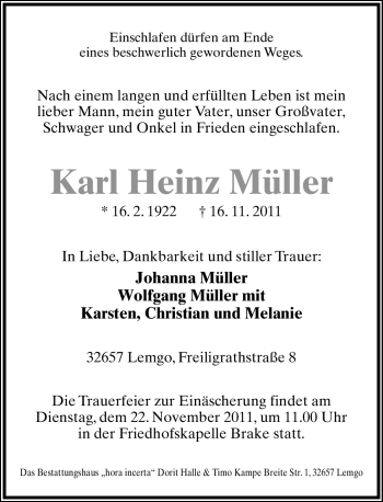 Anzeige  Karl Heinz Müller  Lippische Landes-Zeitung