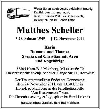 Anzeige  Matthes Scheller  Lippische Landes-Zeitung