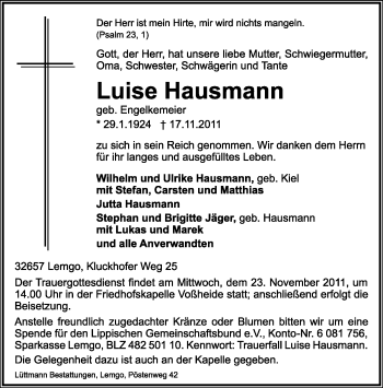 Anzeige  Luise Hausmann  Lippische Landes-Zeitung