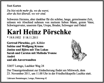 Anzeige  Karl Heinz Pörschke  Lippische Landes-Zeitung