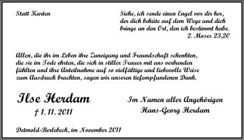 Anzeige  Ilse Herdam  Lippische Landes-Zeitung