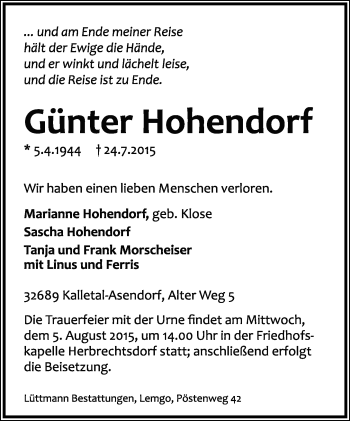 Anzeige  Günter Hohendorf  Lippische Landes-Zeitung