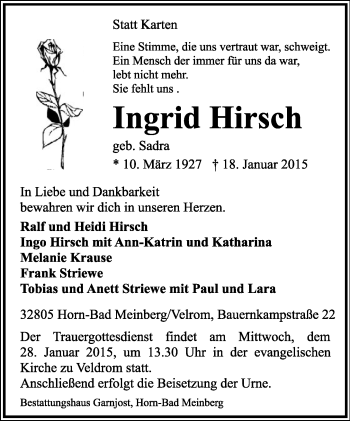 Anzeige  Ingrid Hirsch  Lippische Landes-Zeitung