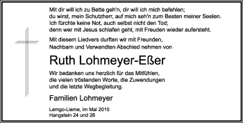Anzeige  Ruth Lohmeyer-Eßer  Lippische Landes-Zeitung