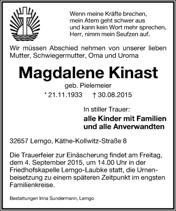 Anzeige  Magdalene Kinast  Lippische Landes-Zeitung