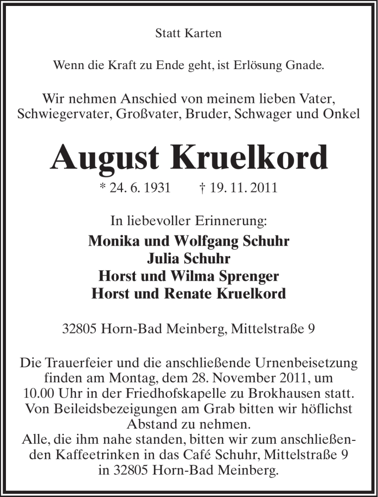  Traueranzeige für August Kruelkord vom 23.11.2011 aus Lippische Landes-Zeitung