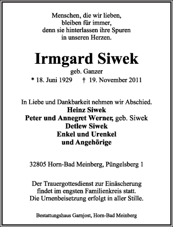 Anzeige  Irmgard Siwek  Lippische Landes-Zeitung