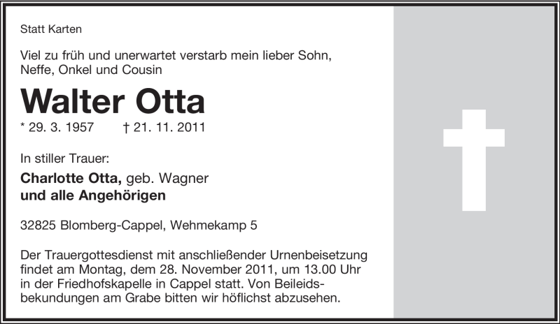  Traueranzeige für Walter Otta vom 24.11.2011 aus Lippische Landes-Zeitung